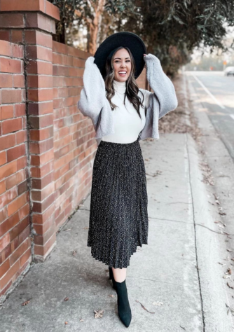 woman wearing a turtleneck outfit - black skirt with white turtleneck from Wantable - @downtown_dani