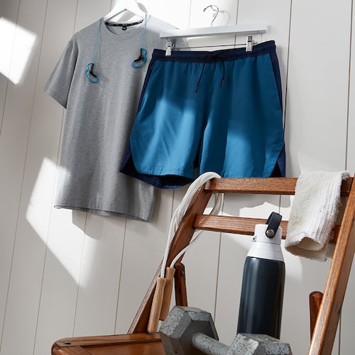 Men's Workout Outfit - Grey Light-weight Shirt with Blue Running Shorts - Men's Exercise Subscription - Wantable