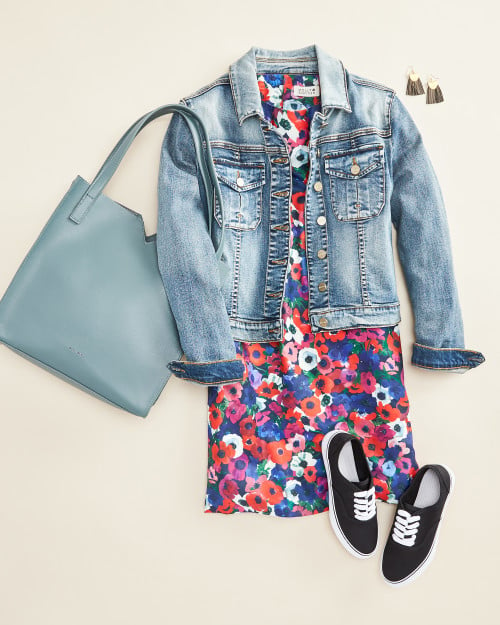 travel outfit: floral dress with denim jacket