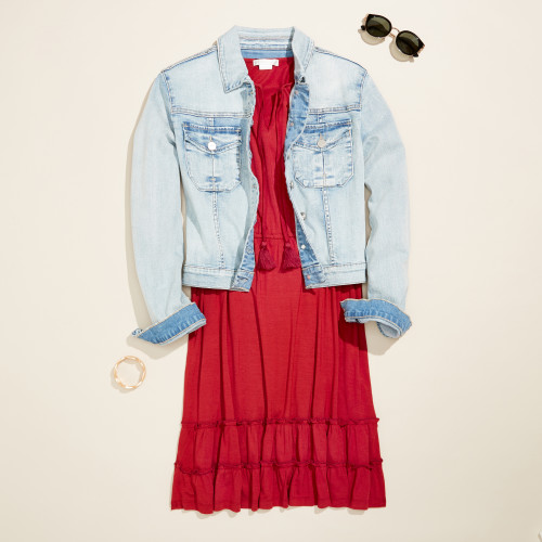 cute outfit: dress with denim jacket