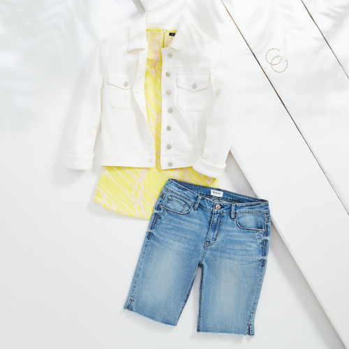 vacation outfits: white denim jacket & bermuda shorts
