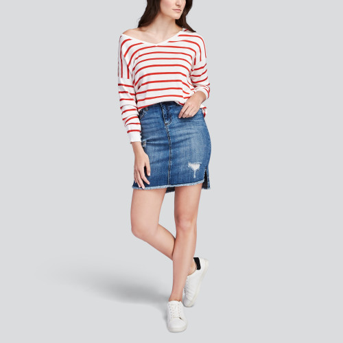 striped sweater: denim skirt 