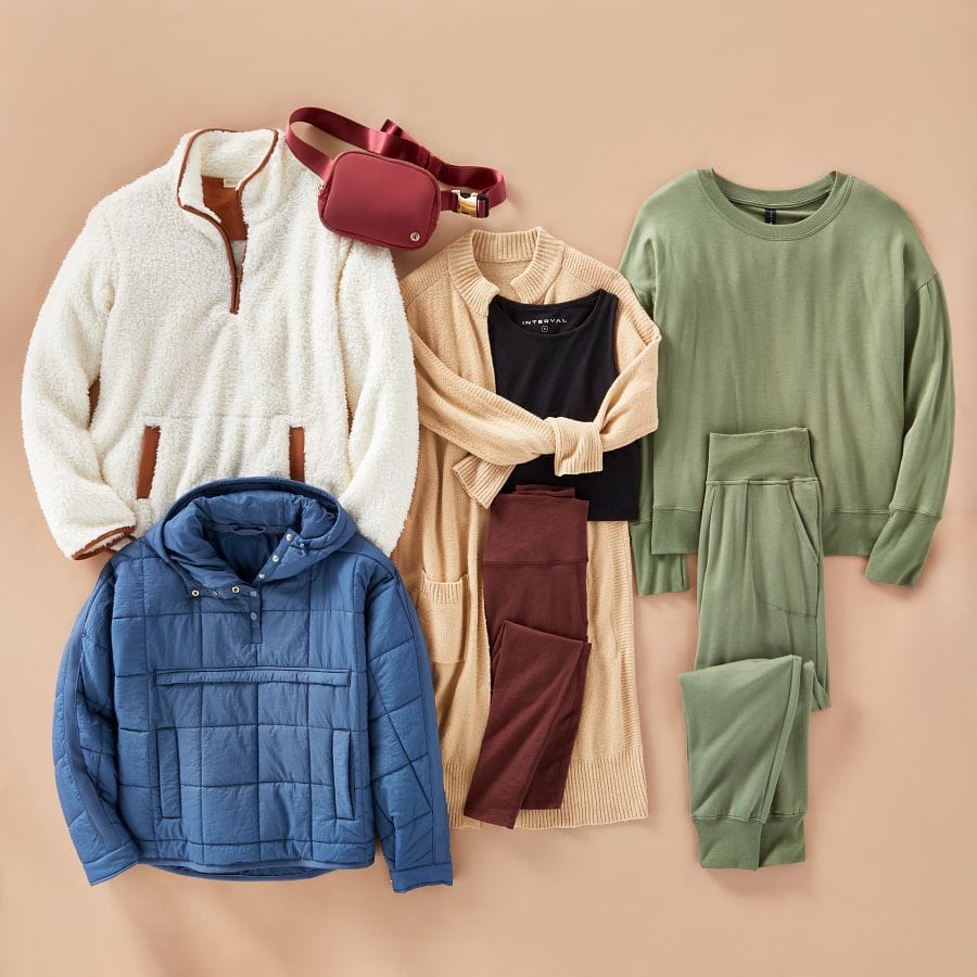 Sherpa quarter-zip pullover, duster cardigan, tank top, leggings, matching lounge set, belt back, and quilted pullover.