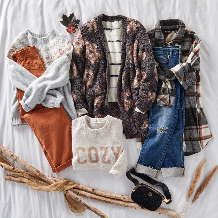 Fair isle sweater, colored pants, animal print cardigan, striped top, cozy graphic sweater, plaid shacket, boyfriend jeans, and a belt bag laid out in a fall setting.