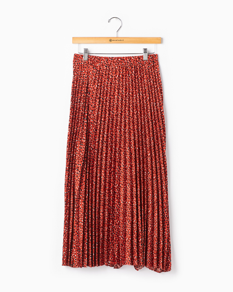 red animal print midi skirt on a hanger from Wantable Style Edit 