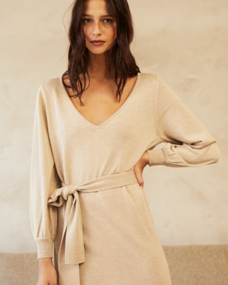 woman wearing a  versatile beige dress by Grace & Mila from Wantable Style Edit 