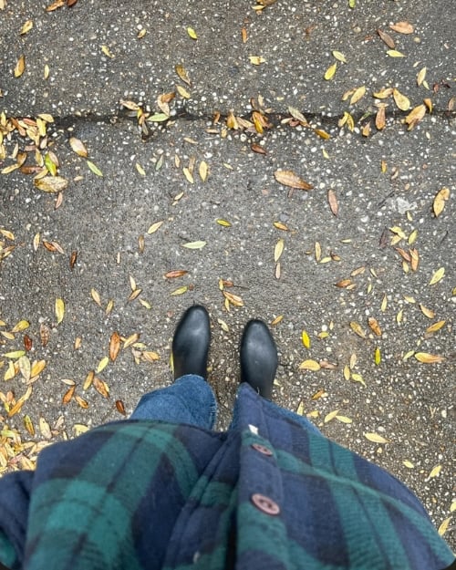 An influencer wearing a green and navy plaid button down with simple jeans and black boots.