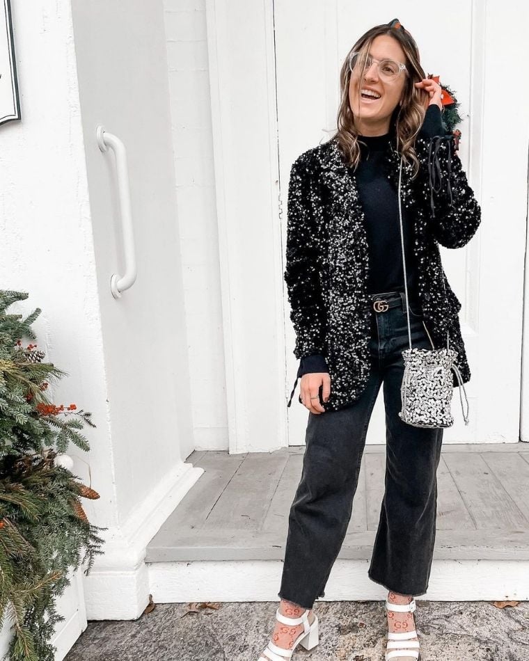 woman wearing a black sequin jacket with black jeans - how to style a sequin jacket - @livelycraze