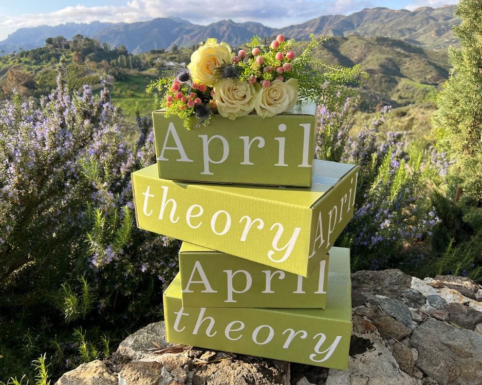 A stack of April Theory boxes and flowers on a mountaintop overlooking rolling hills.